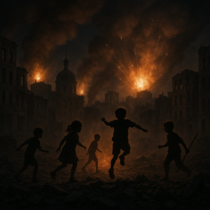 Niños corriendo entre ruinas y explosiones nocturnas