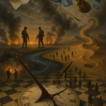 Reloj roto y soldados en paisaje bélico surrealista