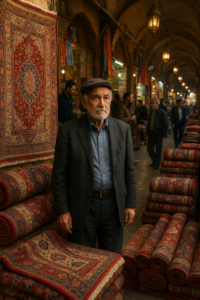 Hombre mayor en mercado de alfombras orientales