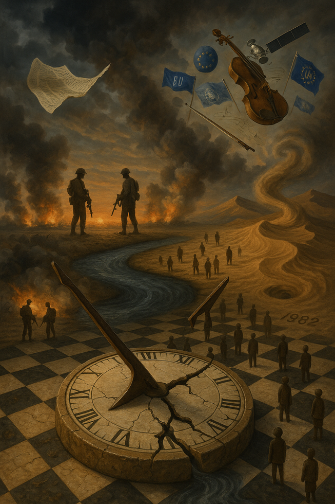 Reloj roto y soldados en paisaje bélico surrealista